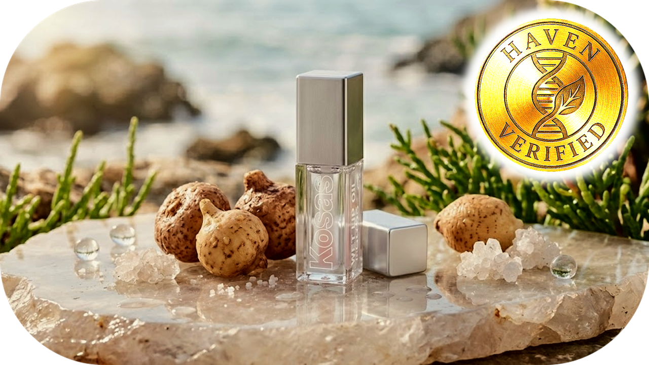 High-shine Kosas Wet Lip Oil Gloss showing a plumping effect achieved through Konjac Root and Peptides. High-shine Kosas Wet Lip Oil Gloss showing a plumping effect achieved through Konjac Root and Peptides.