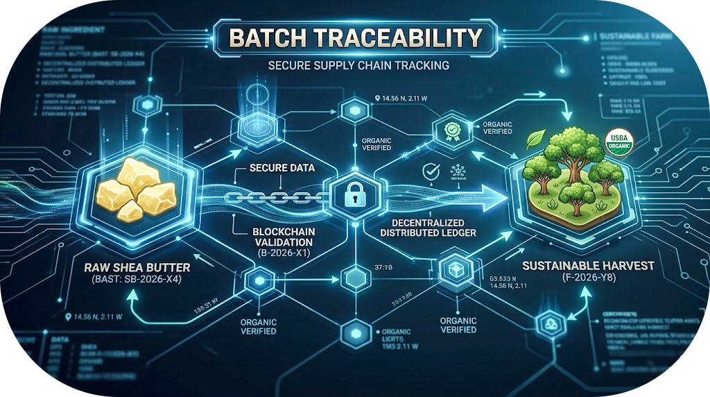 A traceability graphic illustrating radical transparency within the Responsible Beauty Audit framework. A high-tech digital interface illustrating the process by linking Raw Shea Butter to a sustainable farm through batch traceability.