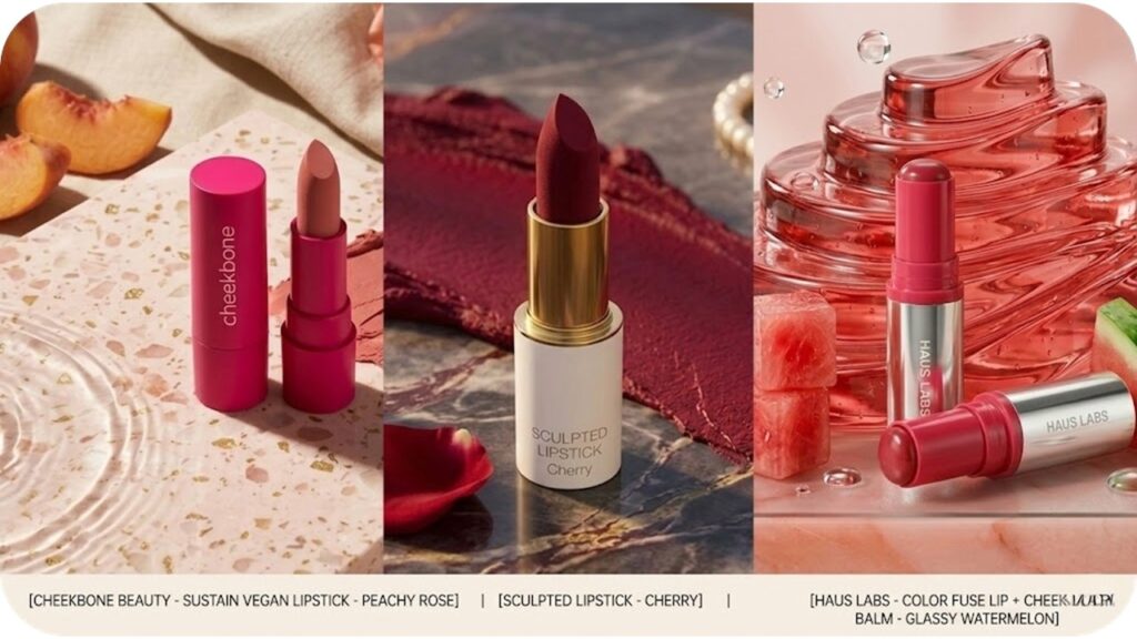 A triptych image showcasing three different makeup products: Cheekbone Beauty Sustain Vegan Lipstick in Peachy Rose, Ogee Sculpted Lipstick in Cherry, and Haus Labs Color Fuse Lip + Cheek Blush Balm in Glassy Watermelon, each displayed with brand-specific environmental props like fruit and marble.