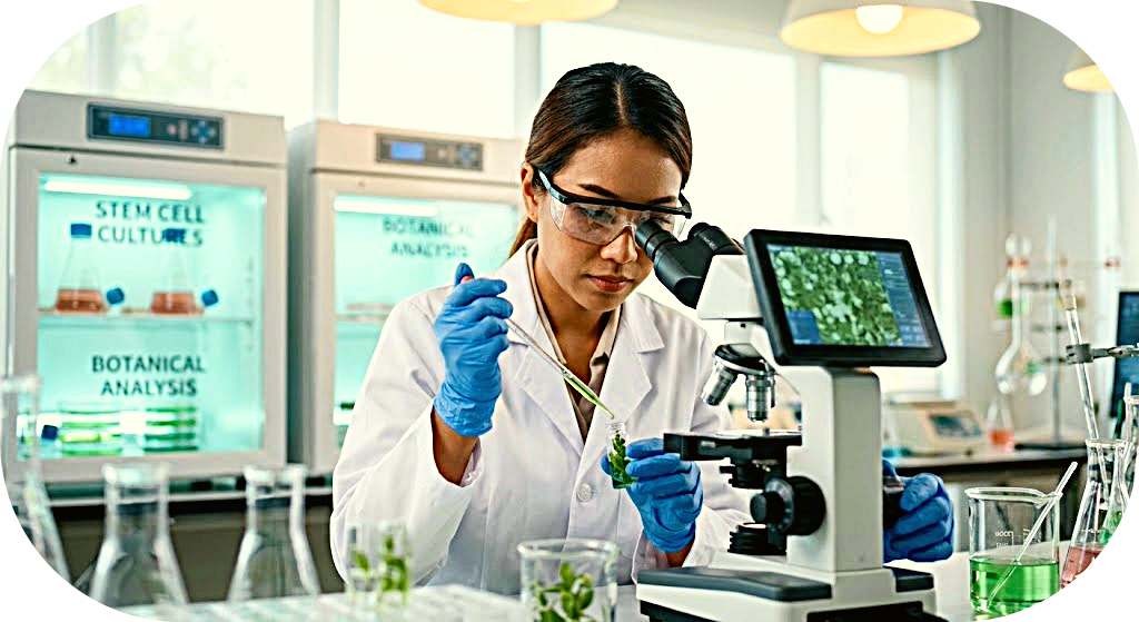 Cosmetic chemist performing formulation analysis for a Responsible Beauty Audit. A professional cosmetic chemist in a high-tech lab analyzing botanical extracts and stem cell cultures for a Responsible Beauty Audit.