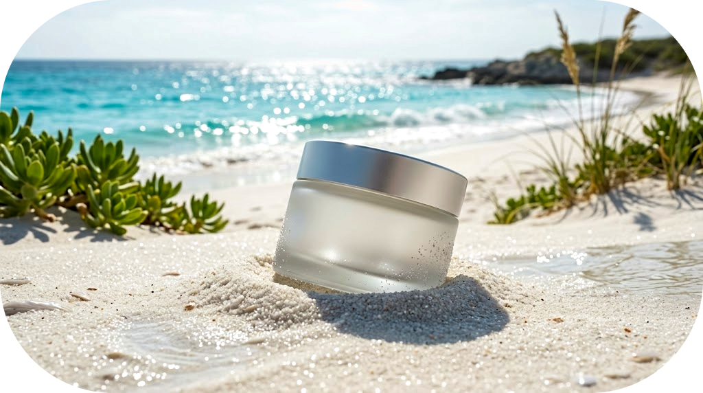 Eco-maximalist glass and steel monomaterial packaging, an ideal Responsible Beauty Audit sustainability result. A frosted glass jar with an aluminum cap in white coastal sand, illustrating the sustainability criteria.