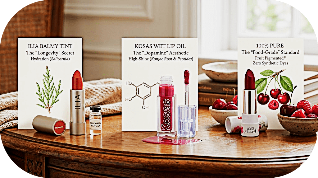 A collection of the top 3 organic lipsticks for 2026 featuring ILIA Balmy Tint, Kosas Wet Lip Oil, and 100% PURE Fruit Pigmented Cocoa Butter, highlighting serum-infused and biotech-organic makeup.