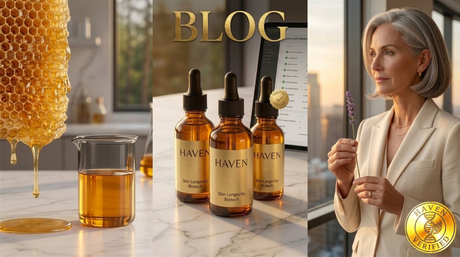A three-panel triptych for HAVEN Responsible Beauty blog. The left panel shows dripping honeycomb and a beaker of honey. The middle panel shows three "Skin Longevity Biotech" serum bottles and a data dashboard. The right panel shows a woman in a cream suit holding lavender against a cityscape. The gold text "BLOG" is at the top.