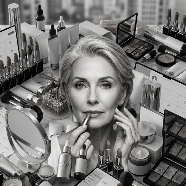 A monochromatic 1:1 banner featuring Eleanor Sterling, HAVEN’s lead curator, in the forefront applying lipstick. She is surrounded by a dense, artistic arrangement of luxury organic beauty products, cosmetic brushes, and biotech audit tablets on a marble surface.
