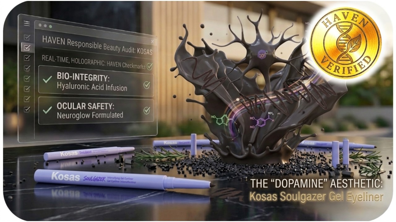 Kosas Soulgazer Gel Eyeliner in Twilight Lavender, part of the Dopamine Beauty Aesthetic, featuring dynamic black ink splash with integrated neural networks, DNA, and molecular data. An overlay displays the HAVEN Responsible Beauty Audit.