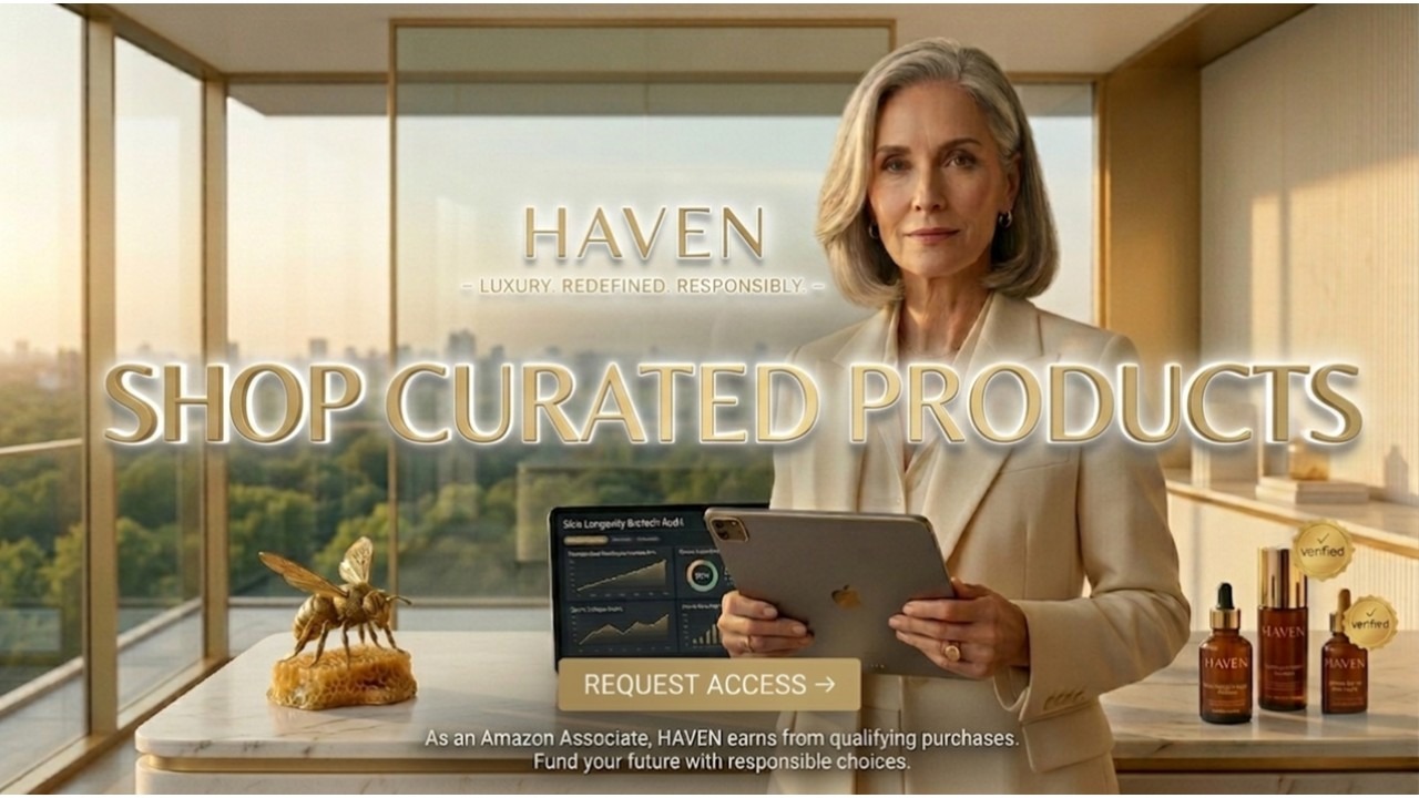 A high-end 16:9 banner for HAVEN featuring a 53-year-old expert-vetted organic cosmetics curator in a cream suit. Large gold text in the foreground reads 'SHOP CURATED PRODUCTS' with a bright white 3D glow. The scene includes a biotech audit tablet, golden honeybee, and luxury serums against a cityscape.