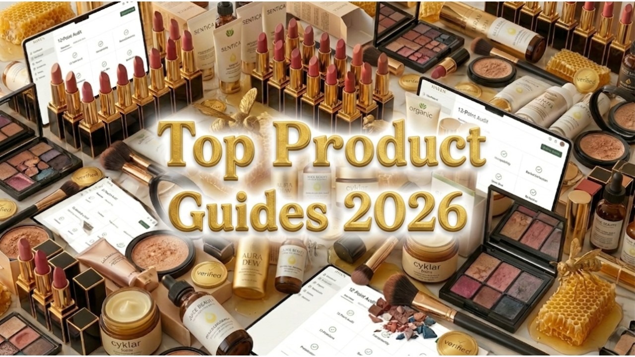 The 2026 HAVEN VERIFIED Product Guides A dense, organized 16:9 banner featuring a vast array of luxury beauty products, including lipsticks, palettes, and serums, surrounding the central gold text 'Top Product Guides 2026' which features a bright white 3D glow.