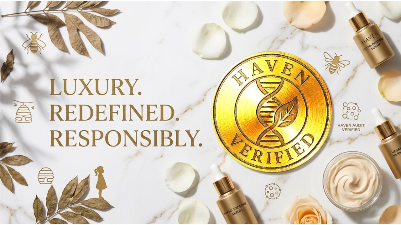 HAVEN Responsible Beauty About Us Banner: 1978 Childhood Origin, Biotech-Led Organics, and Bee Conservation Audit verified. The best organic makeup and skincare brands