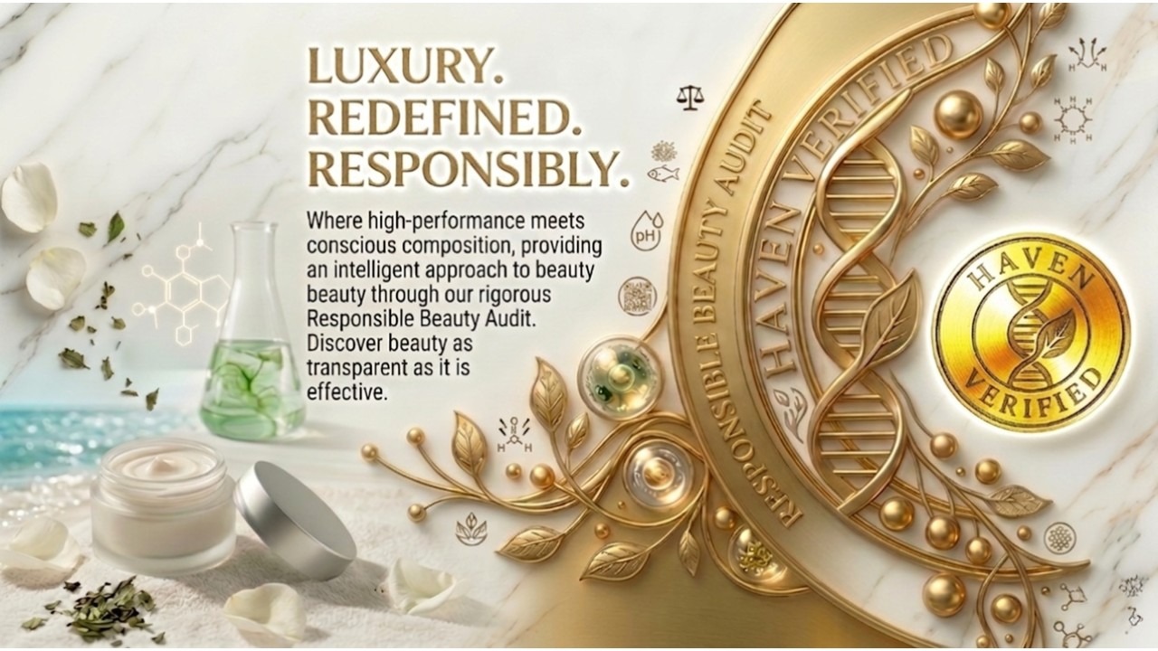 The HAVEN VERIFIED Audit Card Official HAVEN Responsible Beauty Audit verification card with a large gold "HAVEN VERIFIED" badge, the year "2026," a DNA double-helix leaf motif, and detailed text against a premium marble background.