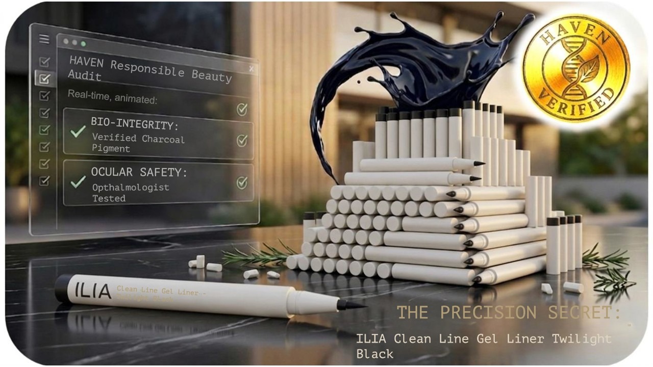 Alt Text (Alternative Text): ILIA Clean Line Gel Liner Twilight Black product display on marble, showing a pyramid of white pens and a black pigment splash. An overlay displays a 'HAVEN Responsible Beauty Audit' confirming Bio-Integrity and Ocular Safety with a gold verification coin.