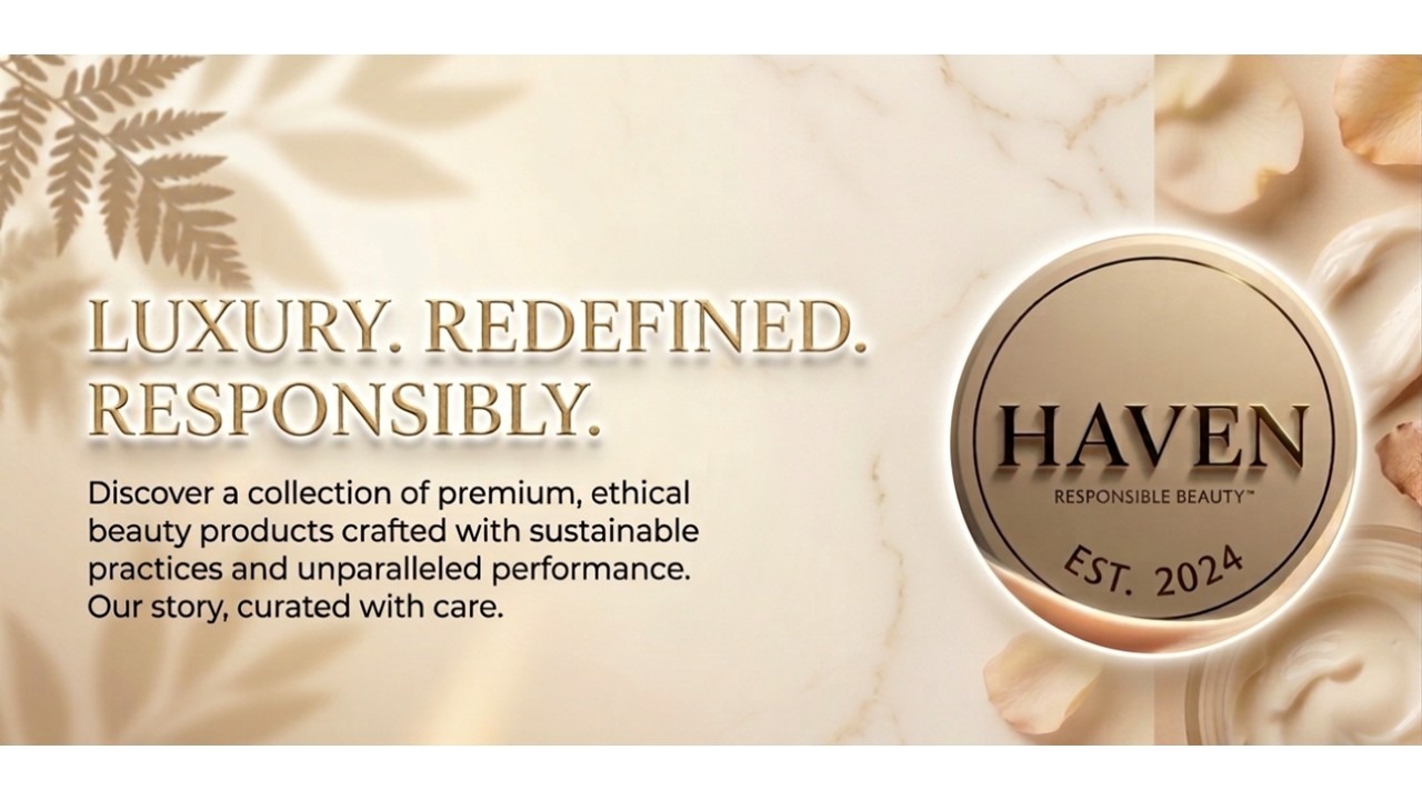 A high-end luxury beauty banner featuring the circular, 3D glowing HAVEN Responsible Beauty EST. 2024 badge. The scene includes light marble, soft leaf shadows, and gold embossed text reading 'LUXURY. REDEFINED. RESPONSIBLY.' against cream swatches and rose petals. organic beauty curation.
