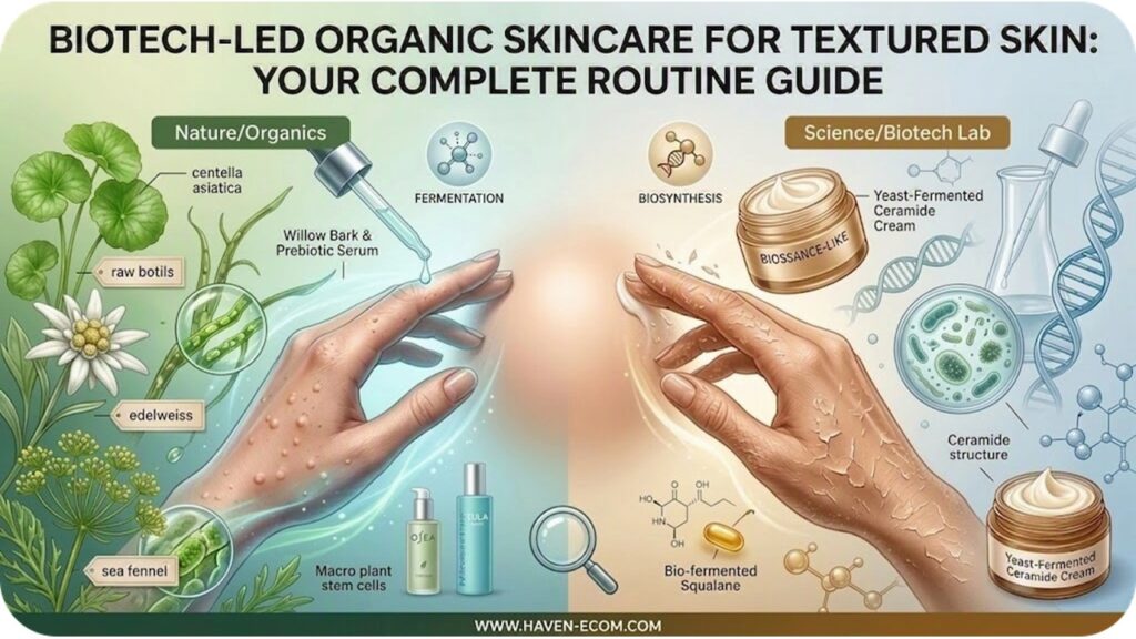 Infographic banner showcasing a biotech-led organic skincare routine for textured skin, comparing botanical ingredients like Centella Asiatica and sea fennel on the left with lab-developed bio-fermented squalane and yeast-fermented ceramides on the right to treat congestion and dry flakes."