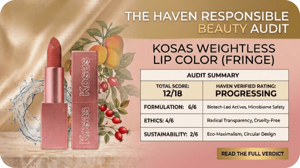 Kosas Weightless Lip Color in Fringe review graphic by The Haven Responsible Beauty Audit. Shows the rose-gold lipstick tube alongside an ingredients graphic and an audit scorecard showing a 12/18 "Progressing" rating for formulation, ethics, and sustainability.