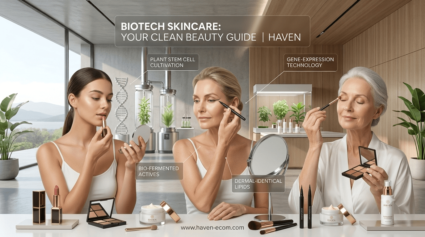 Three generations of diverse women applying luxury cosmetics—including lipstick, liquid eyeliner, and eyeshadow—at a sleek counter inside a modern biotech laboratory for the HAVEN Clean Beauty Guide.
