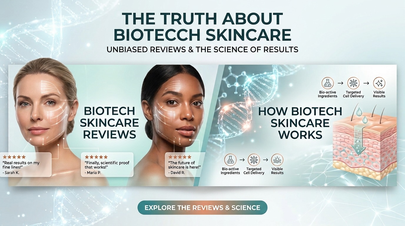 A professional infographic banner titled "The Truth About Biotech Skincare" with a split-screen design. The left side, "BIOTECH SKINCARE REVIEWS," features two women (one lighter skin, one darker skin) with glowing, graphical dermatological analysis lines on their faces, alongside three star-rated (5/5) testimonials from Sarah K., Maria P., and David R., mentioning results on fine lines and scientific proof. The right side, "HOW BIOTECH SKINCARE WORKS," displays a large glowing DNA double helix, a 3D skin layer cross-section with water droplets showing penetration, and a three-step process flow with icons for "Bio-active Ingredients," "Targeted Cell Delivery," and "Visible Results." The top right has the HAVEN E-COM logo. A bottom button reads "EXPLORE THE REVIEWS & SCIENCE."