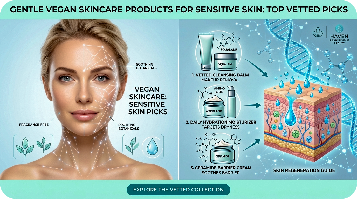 A professional infographic for Haven Responsible Beauty detailing gentle vegan skincare products for sensitive skin. It features a portrait of a woman with highlighted facial zones and a detailed flow chart with product recommendations: Squalane Cleansing Balm for makeup removal, Amino Acid Hydration Moisturizer, and Ceramide Barrier Cream for barrier support. Includes a 3D cross-section illustration of the skin structure and a glowing DNA helix.