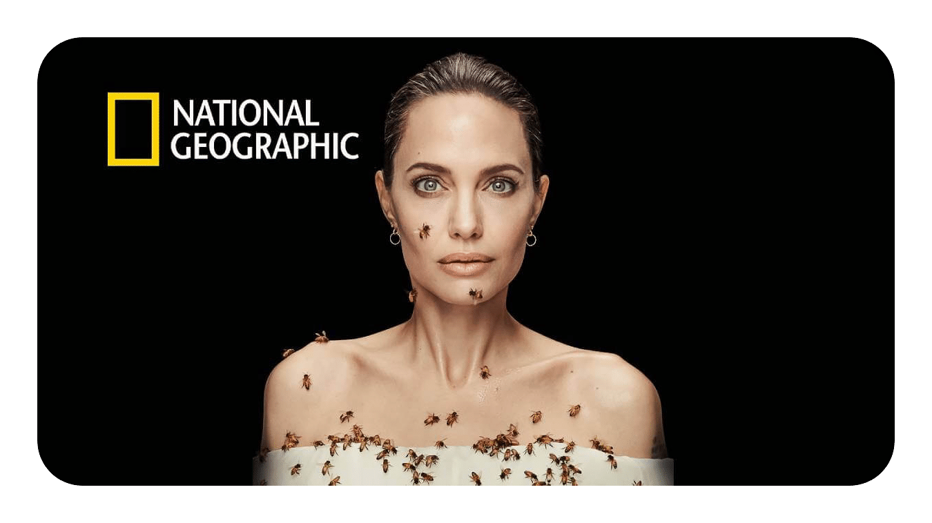 Angelina Jolie posing for a National Geographic photoshoot with live honeybees crawling over her face, neck, collarbone, and cream off-the-shoulder top against a stark black background.
